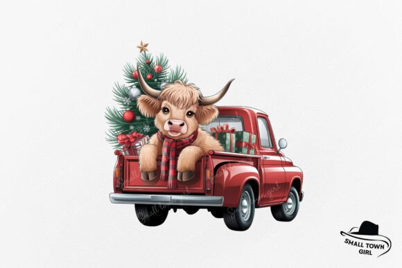 Christmas Highland Cow on Vintage Truck: A Designer's Asset