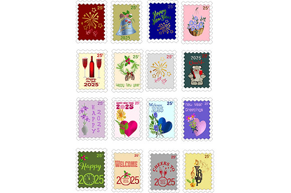 New Year Stamp Set of 16: Creative Assets for 2025 Design